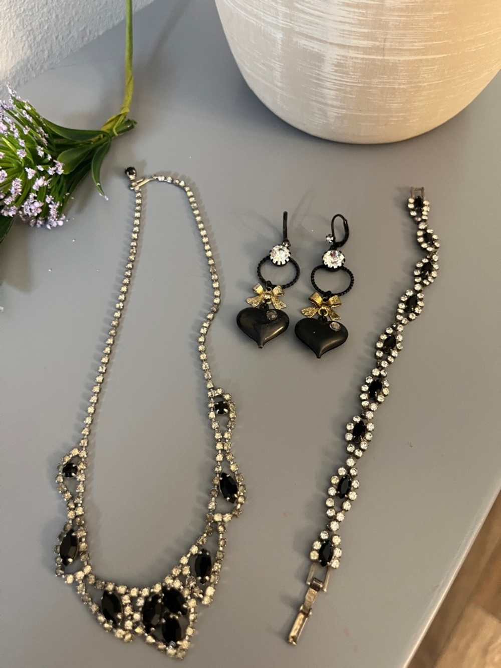 Trio Black Heart Drop Earrings/Bracelet and Necklace with Rhinestones